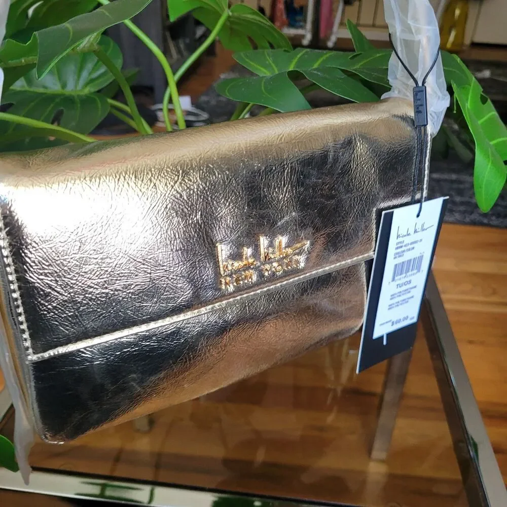 Nicole Miller Metallic Gold Vegan Leather Handbag Purse Shoulder Bag NWT $60 NEW - Picture 13 of 16